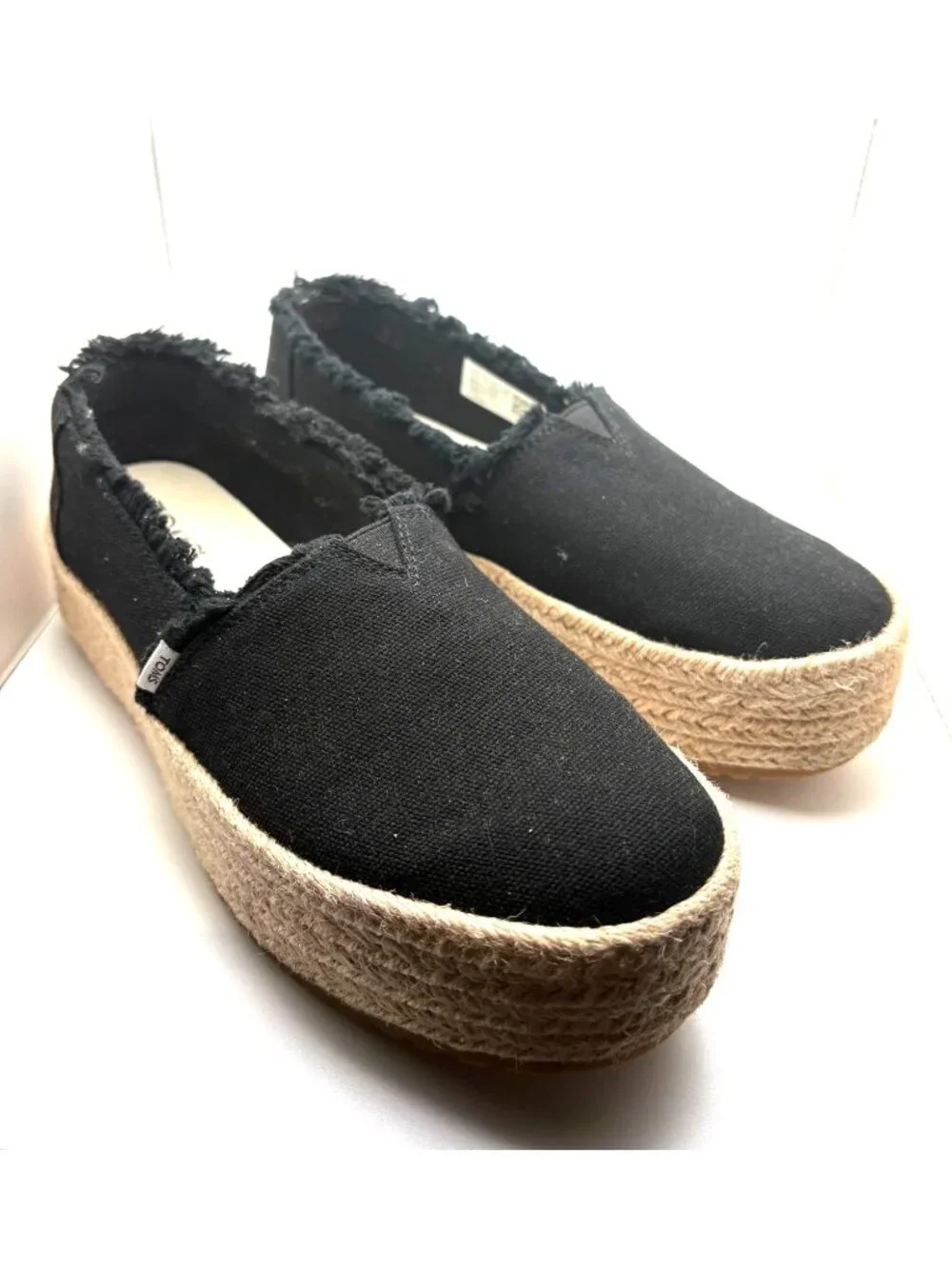 Toms Valencia Womens Black Canvas Platform Espadrilles With Frayed Edges Size 6